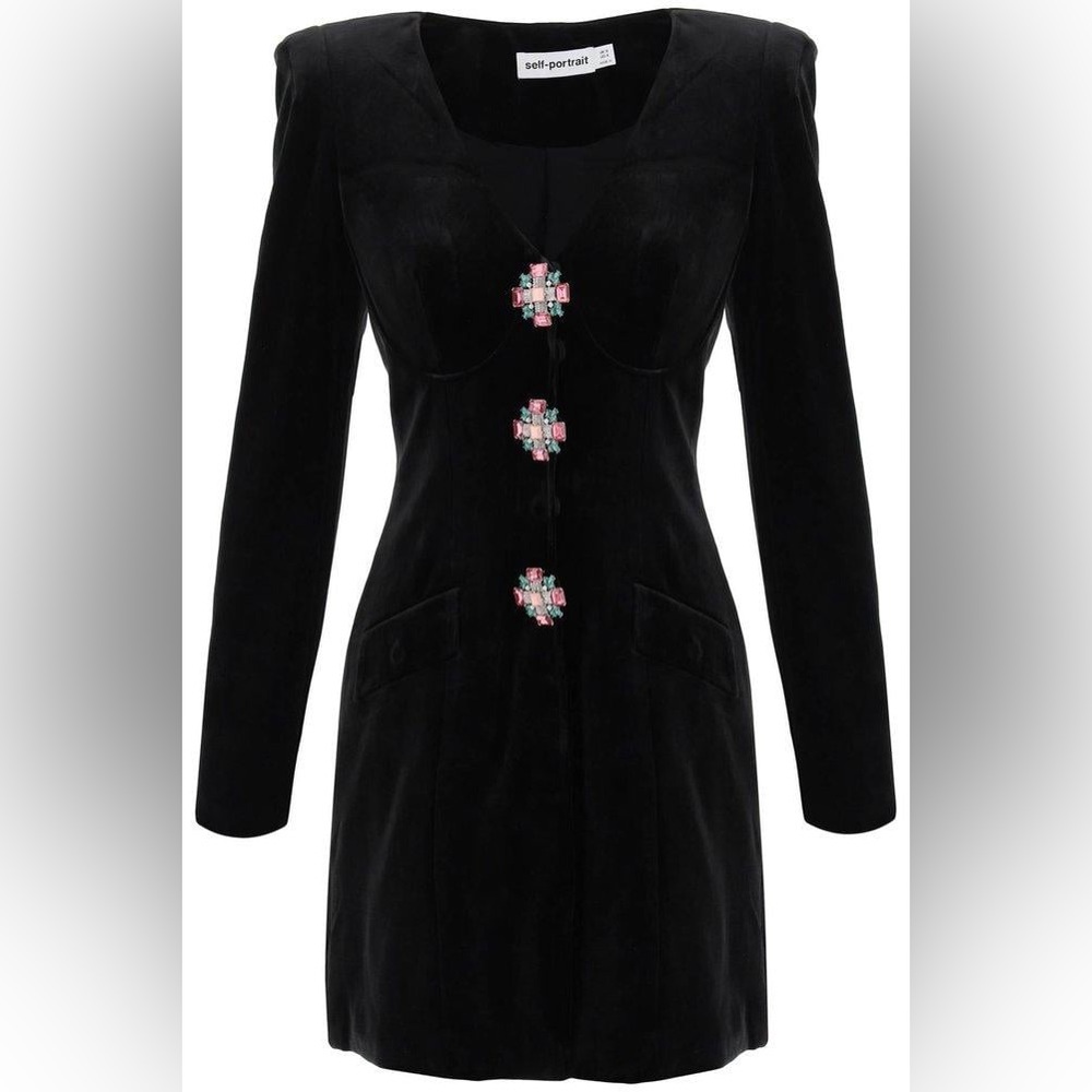 NWT Self-Portrait v-neck crystal-embellished velvet mini dress, size 4 US